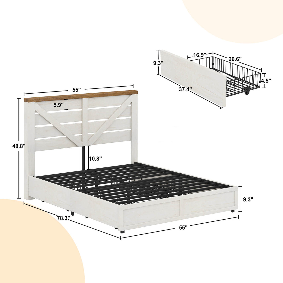 Bandera Bed Frame with 4 Drawers - Distressed White