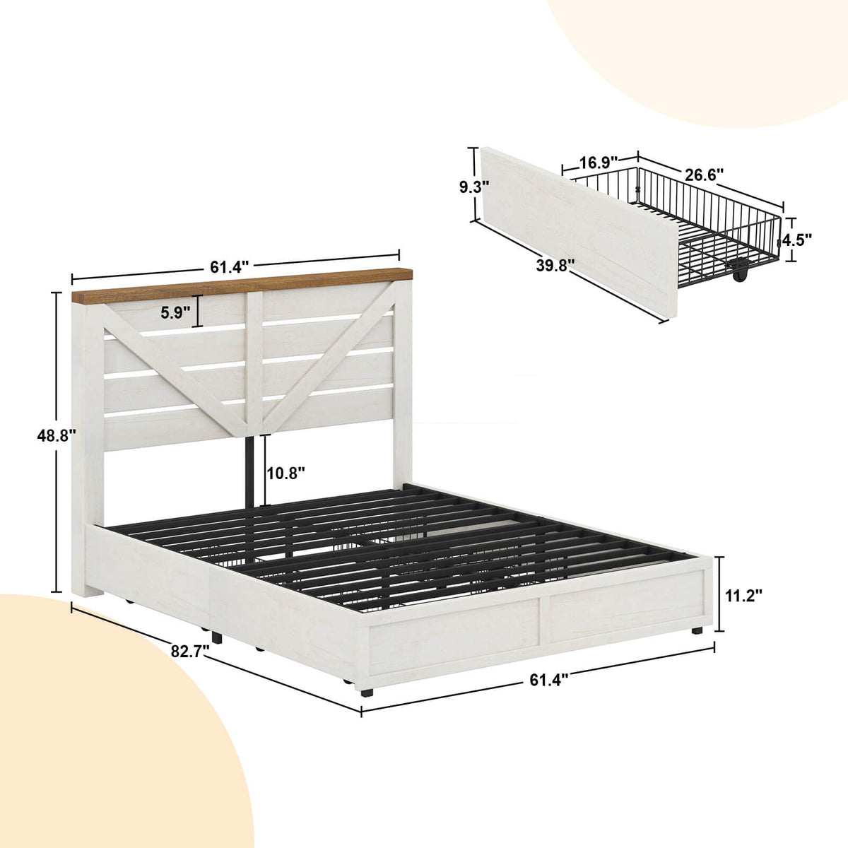 Bandera Bed Frame with 4 Drawers - Distressed White