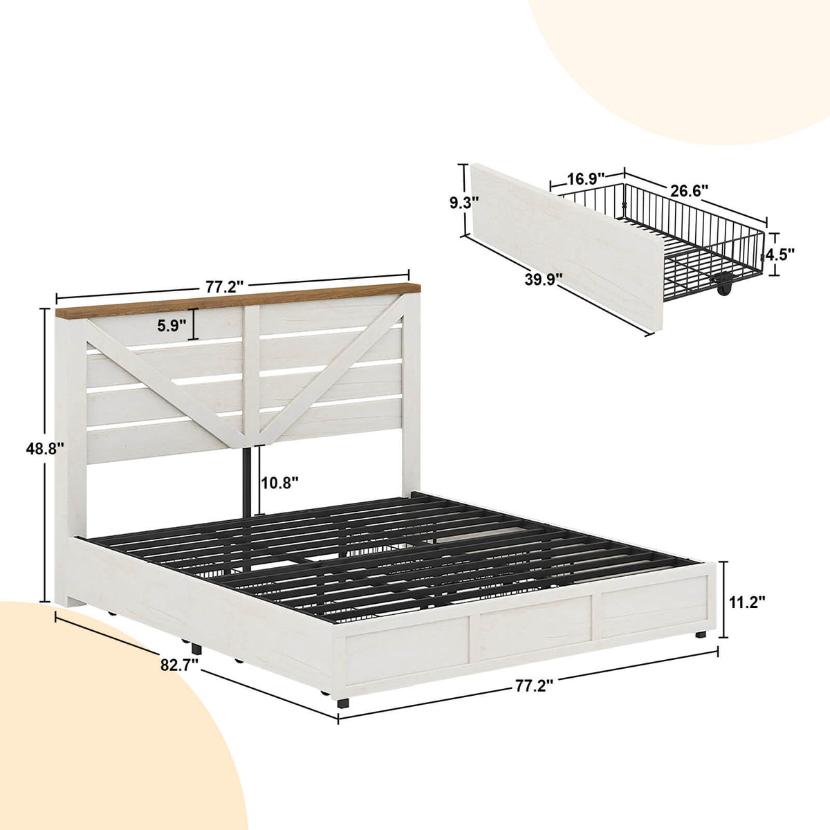 Bandera Bed Frame with 4 Drawers - Distressed White