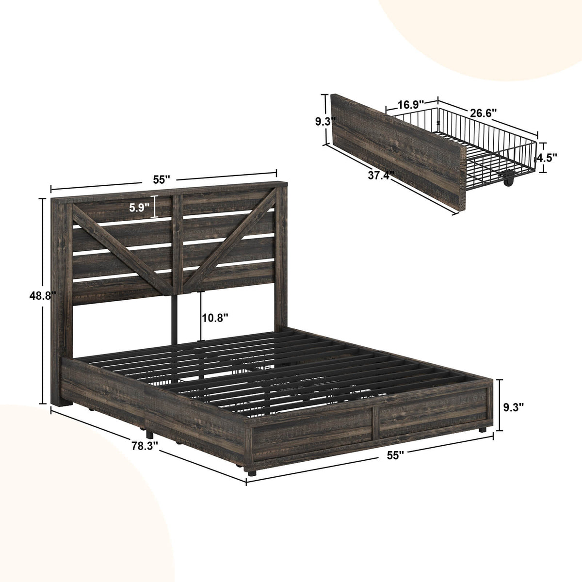 Bandera Bed Frame with 4 Drawers - Rustic Black