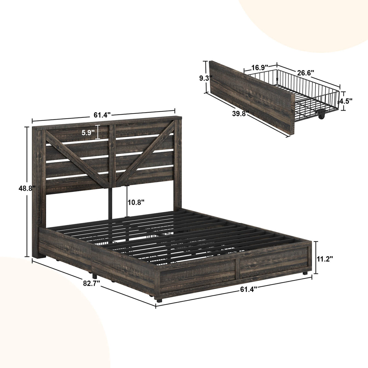 Bandera Bed Frame with 4 Drawers - Rustic Black
