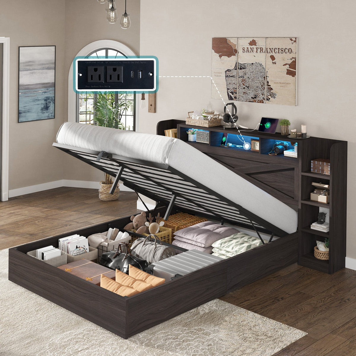 Porter Hydraulic Storage Bed Frame - Full / Dark Oak
