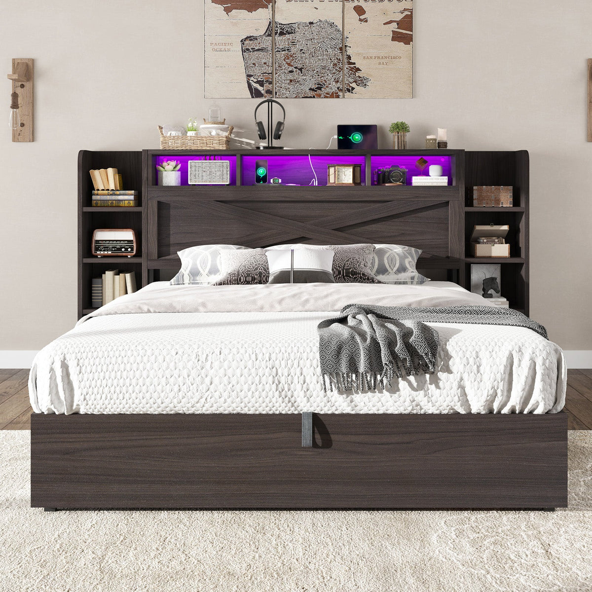 Porter Hydraulic Storage Bed Frame - Full / Dark Oak
