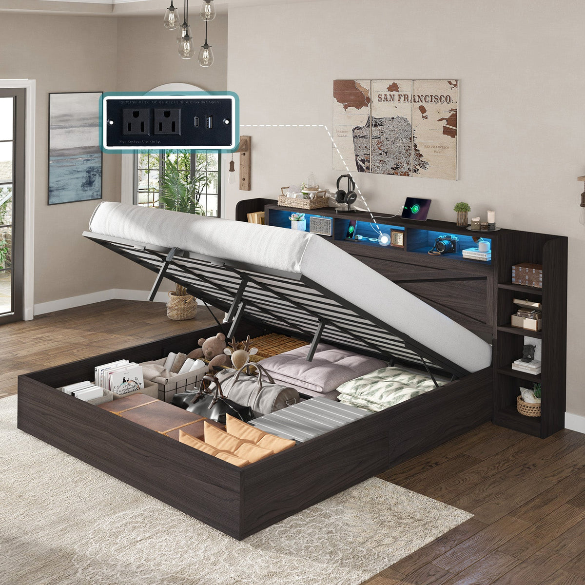 Porter Hydraulic Storage Bed Frame - King / Dark Oak
