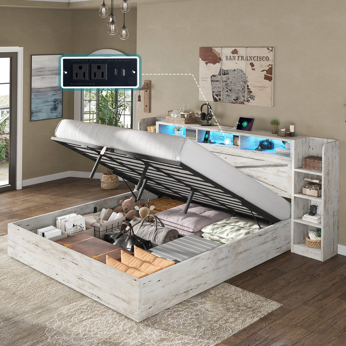 Porter Hydraulic Storage Bed Frame - King / White Birch
