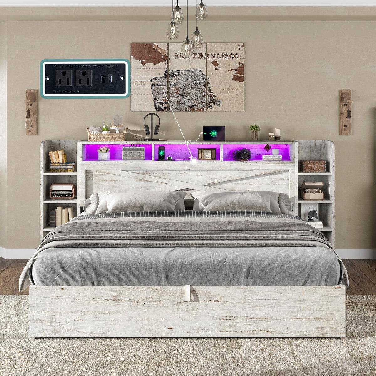 Porter Hydraulic Storage Bed Frame - King / White Birch