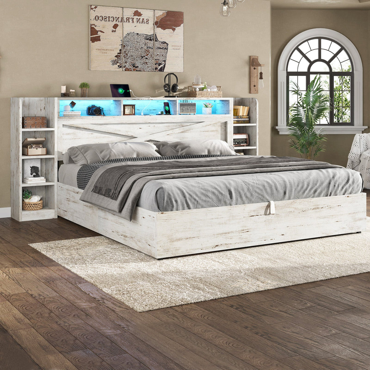 Porter Hydraulic Storage Bed Frame - King / White Birch