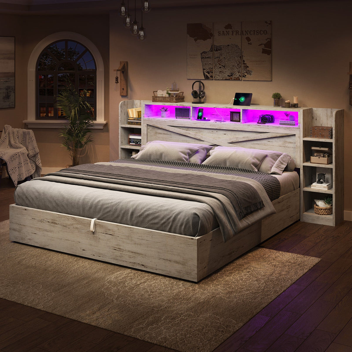 Porter Hydraulic Storage Bed Frame - King / White Birch