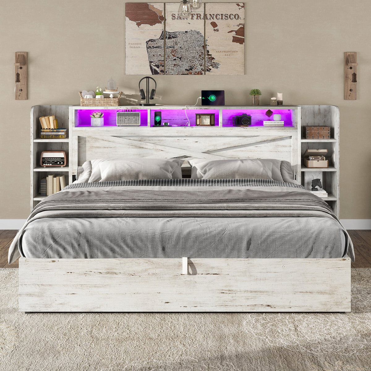 Porter Hydraulic Storage Bed Frame - King / White Birch
