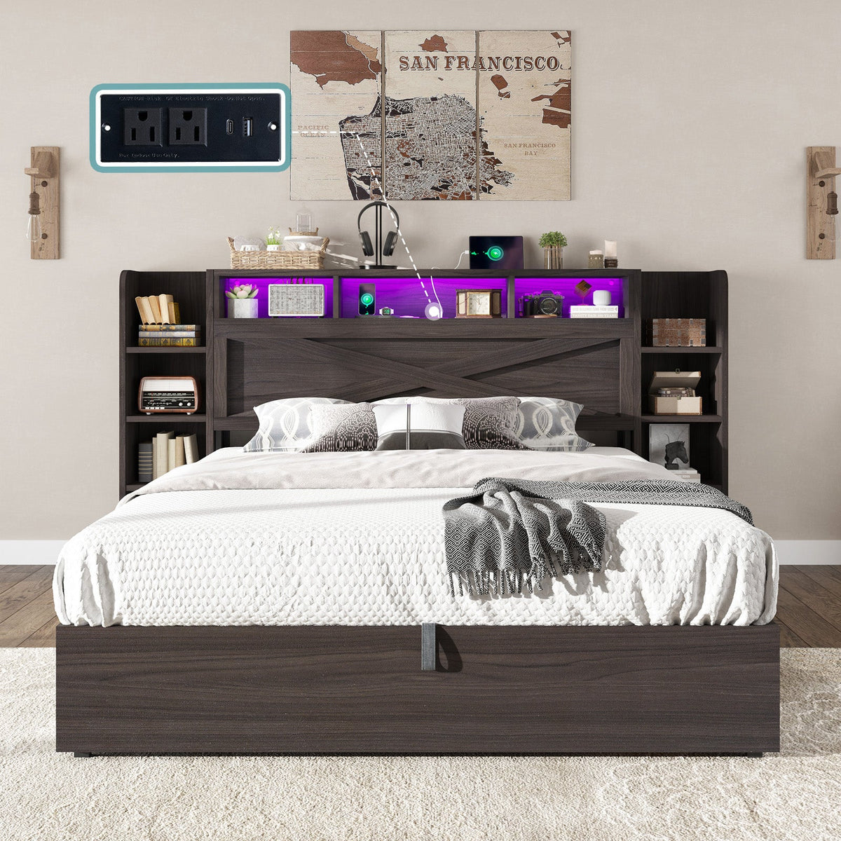 Porter Hydraulic Storage Bed Frame - Queen / Dark Oak
