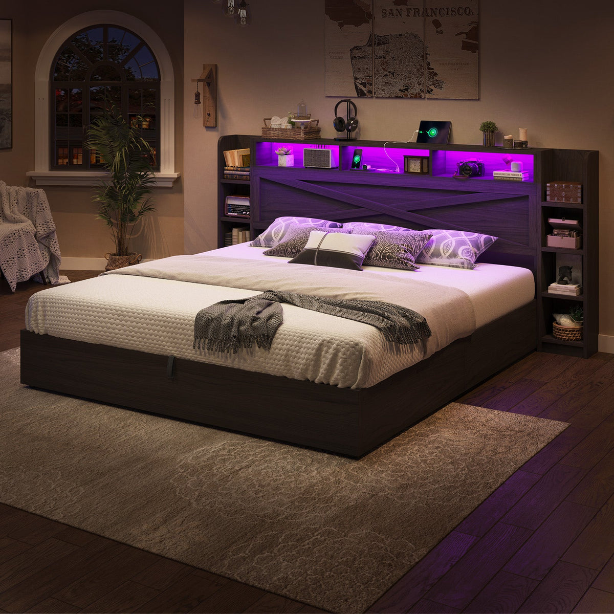 Porter Hydraulic Storage Bed Frame - Queen / Dark Oak
