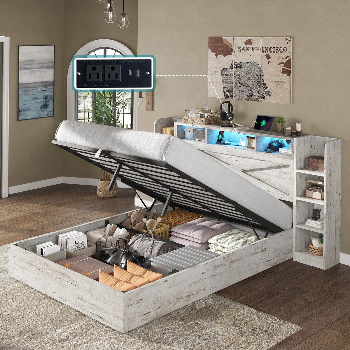 Porter Hydraulic Storage Bed Frame - Queen / White Birch