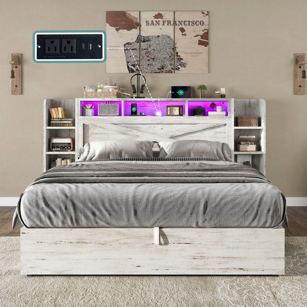 Porter Hydraulic Storage Bed Frame - Queen / White Birch