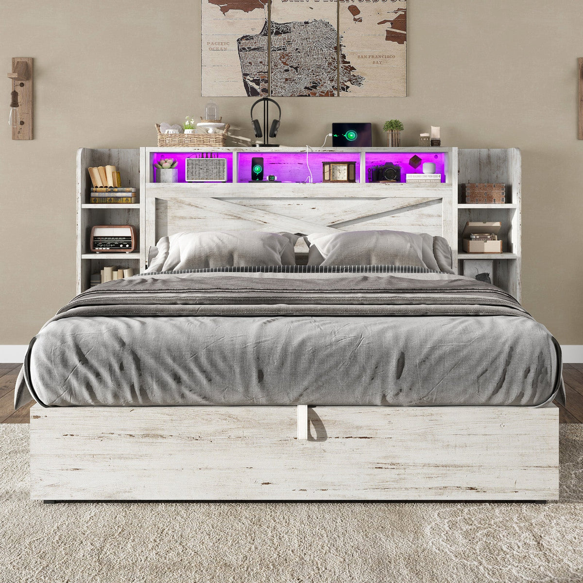 Porter Hydraulic Storage Bed Frame - Queen / White Birch