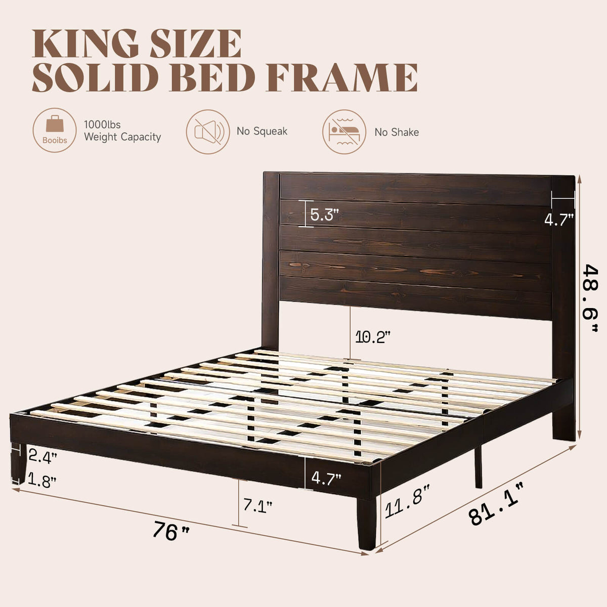 Fremont King Solid Wood Bed Frame -Dark Brown