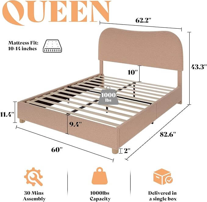 Boucle Fabric Queen Bed Frame