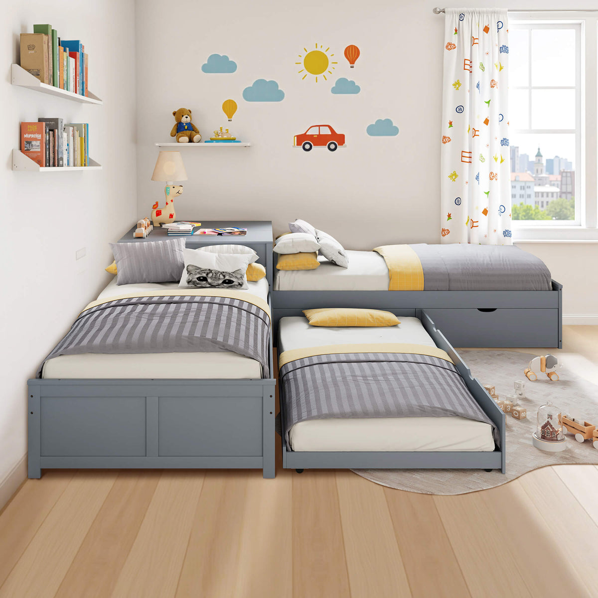 Winglam L-Shaped Twin Trundle Bed Frame -Grey