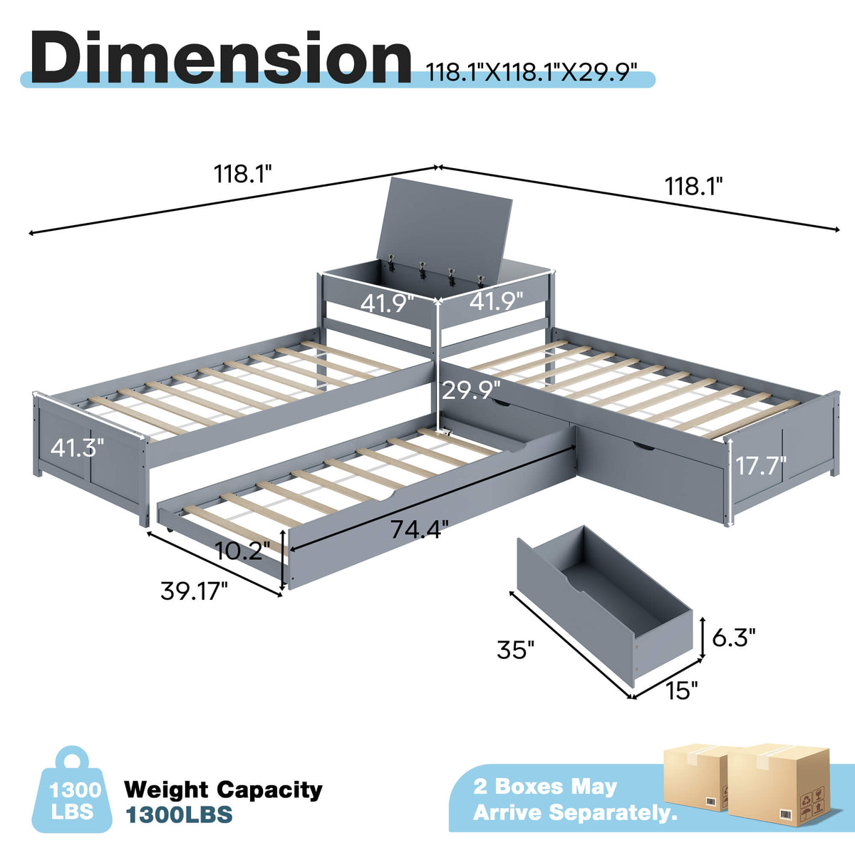 Winglam L-Shaped Twin Trundle Bed Frame -Grey