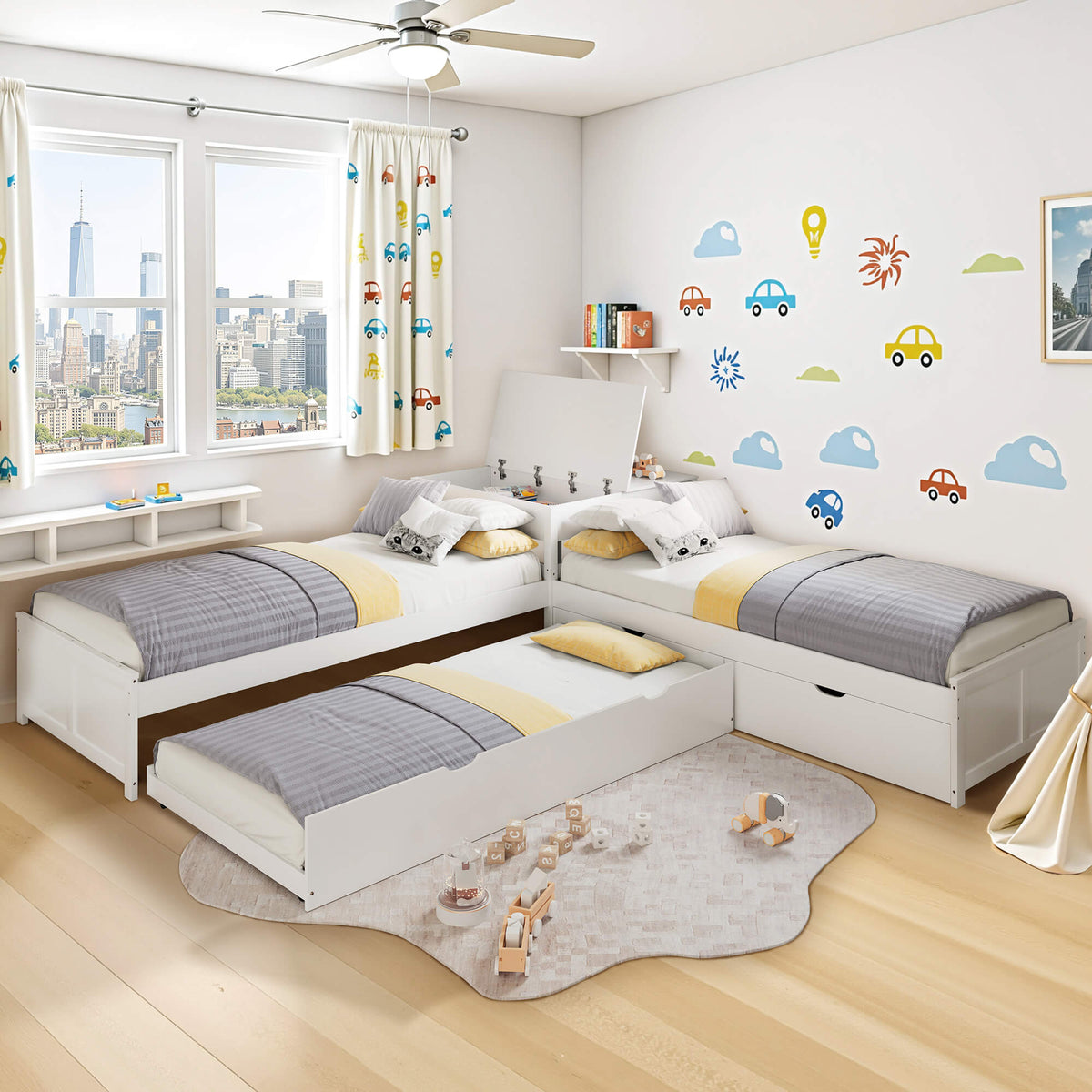Winglam L-Shaped Twin Trundle Bed Frame -White