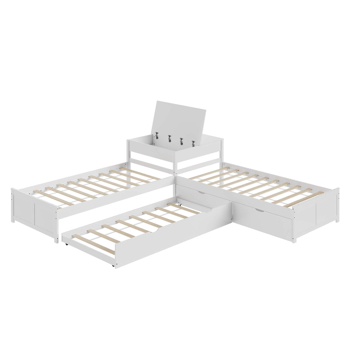Winglam L-Shaped Twin Trundle Bed Frame -White