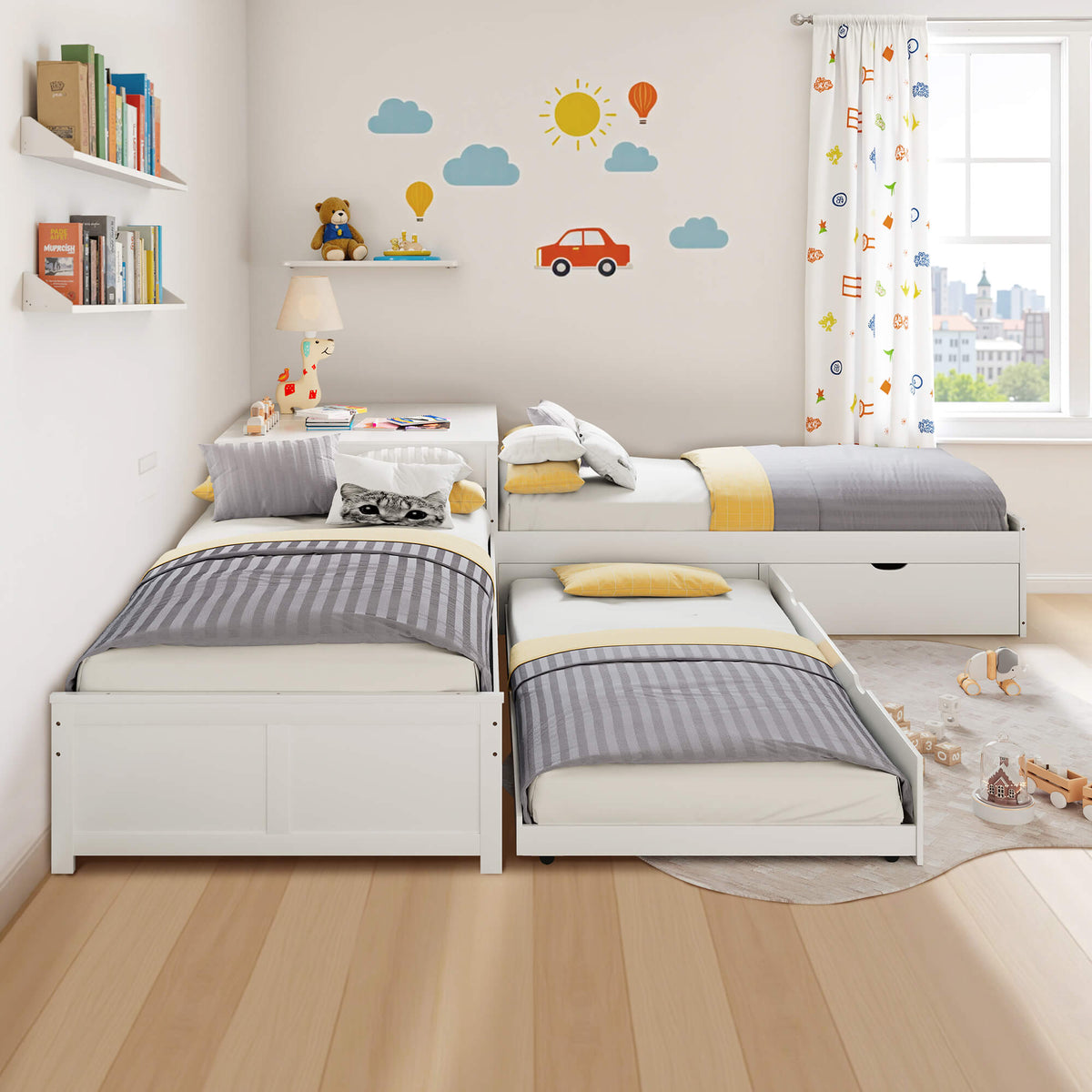 Winglam L-Shaped Twin Trundle Bed Frame -White