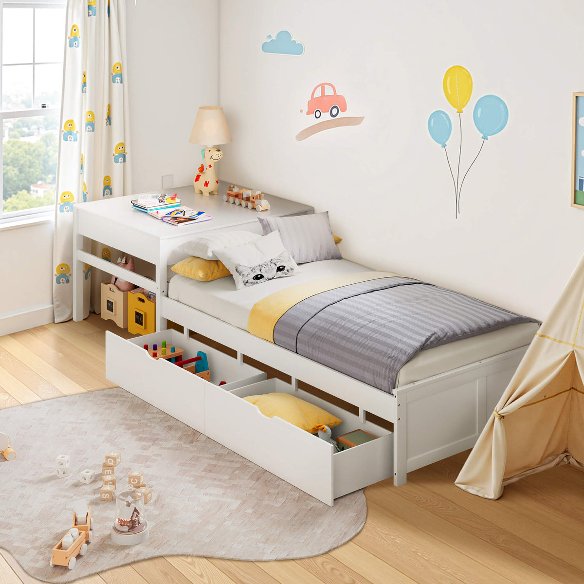 Winglam L-Shaped Twin Trundle Bed Frame -White