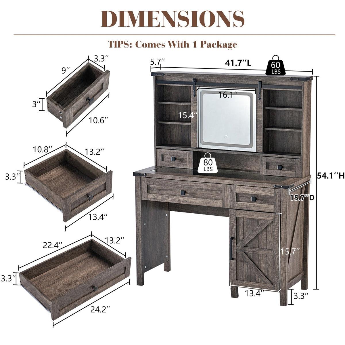 Bourton 42 Makeup Vanity - Gray