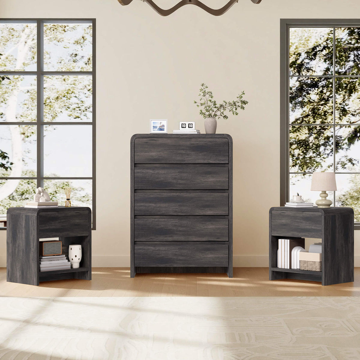 Garyon Modern Bedroom Furniture Set -5+2Black