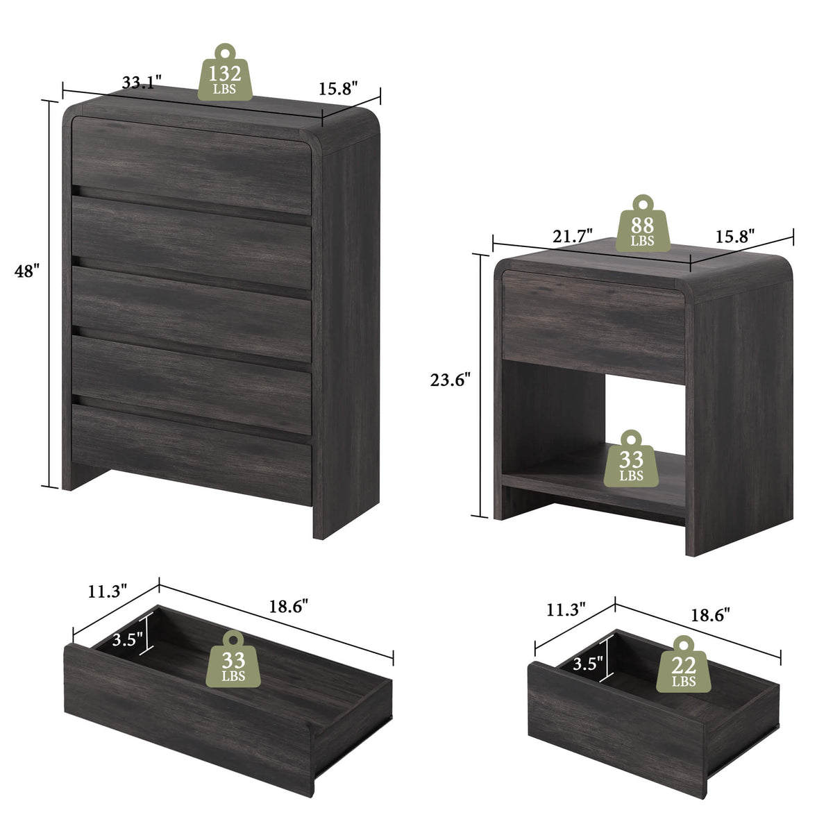 Garyon Modern Bedroom Furniture Set -5+2Black