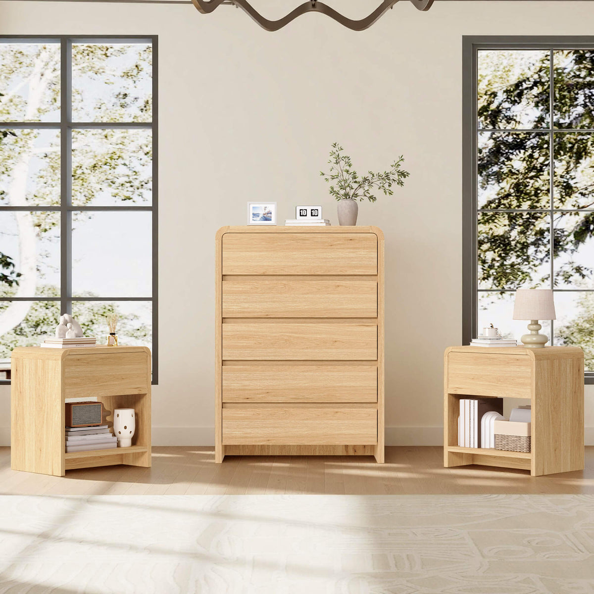 Garyon Modern Bedroom Furniture Set -5+2LightOak