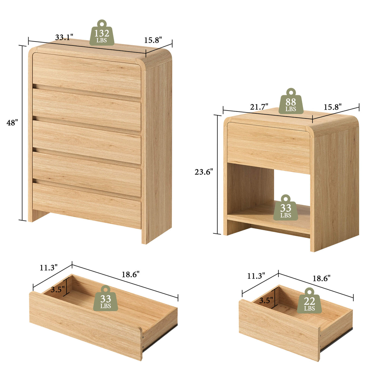 Garyon Modern Bedroom Furniture Set -5+2LightOak