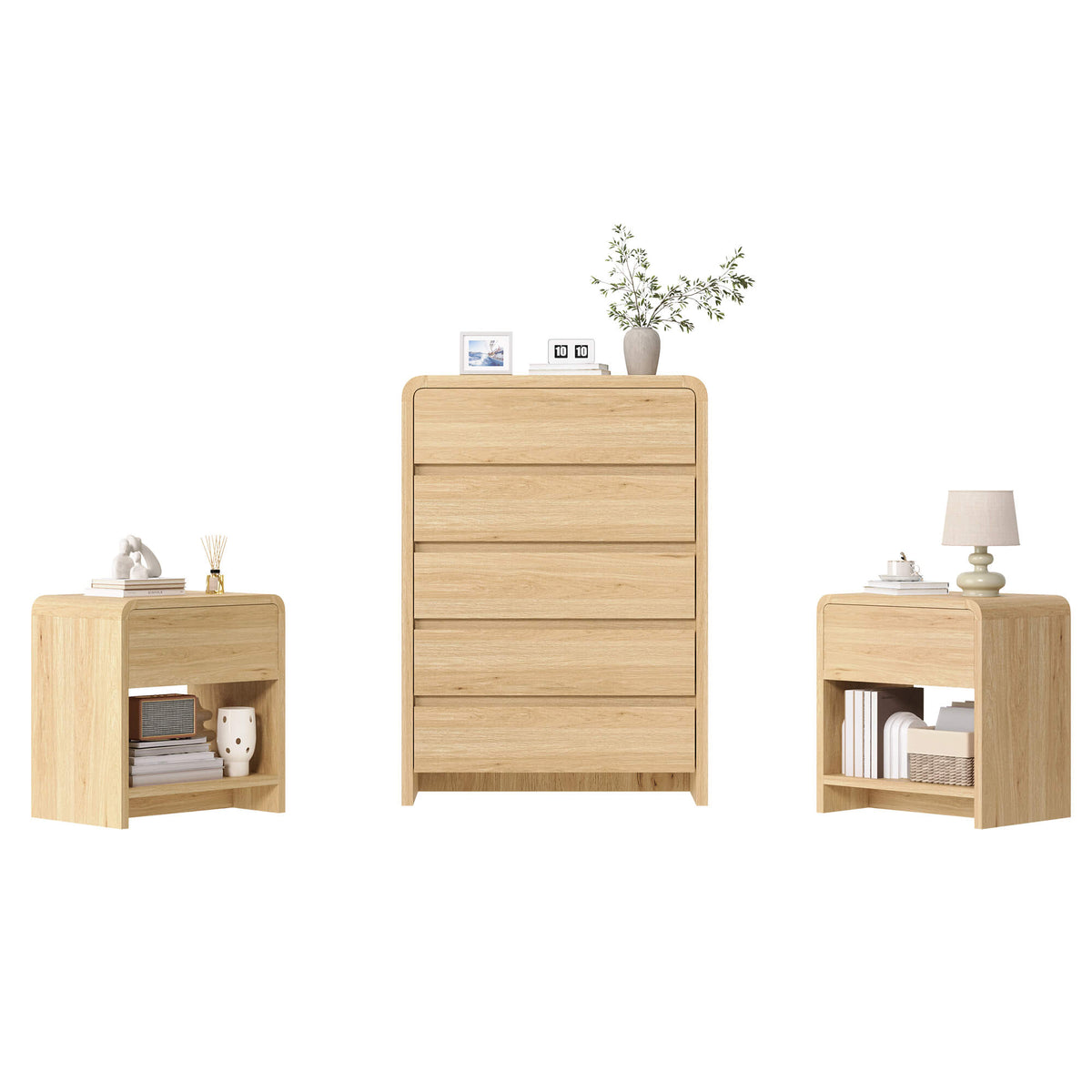 Garyon Modern Bedroom Furniture Set -5+2LightOak