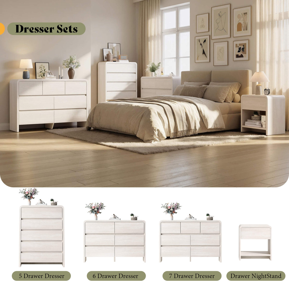 Garyon Modern Bedroom Furniture Set -5+2White