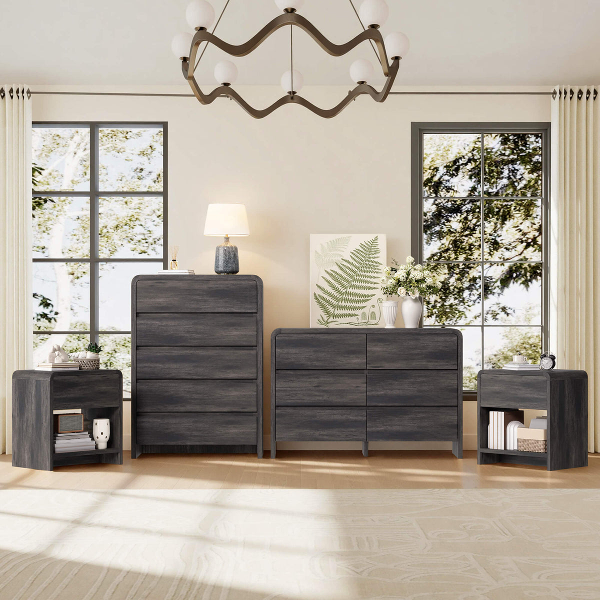Garyon Modern Bedroom Furniture Set -5+6+2Black