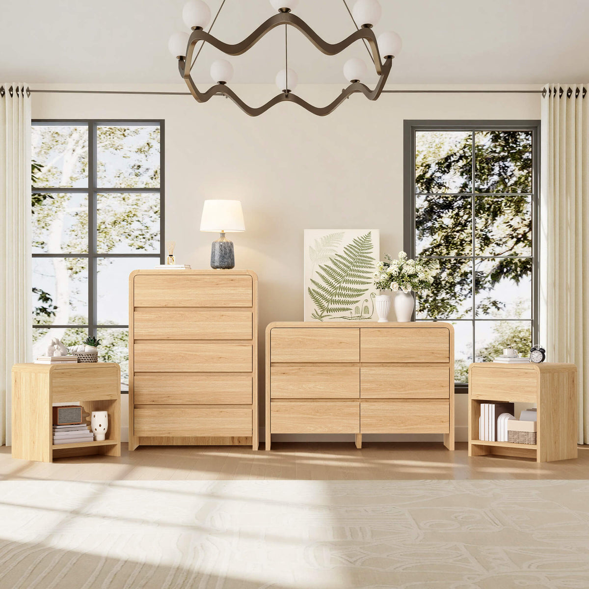 Garyon Modern Bedroom Furniture Set -5+6+2LightOak