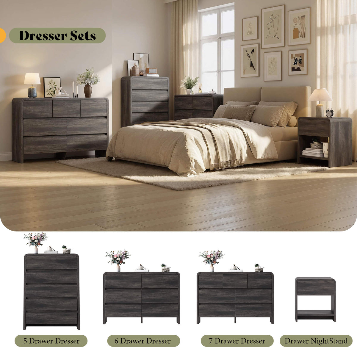 Garyon Modern Bedroom Furniture Set -5+7+2Black