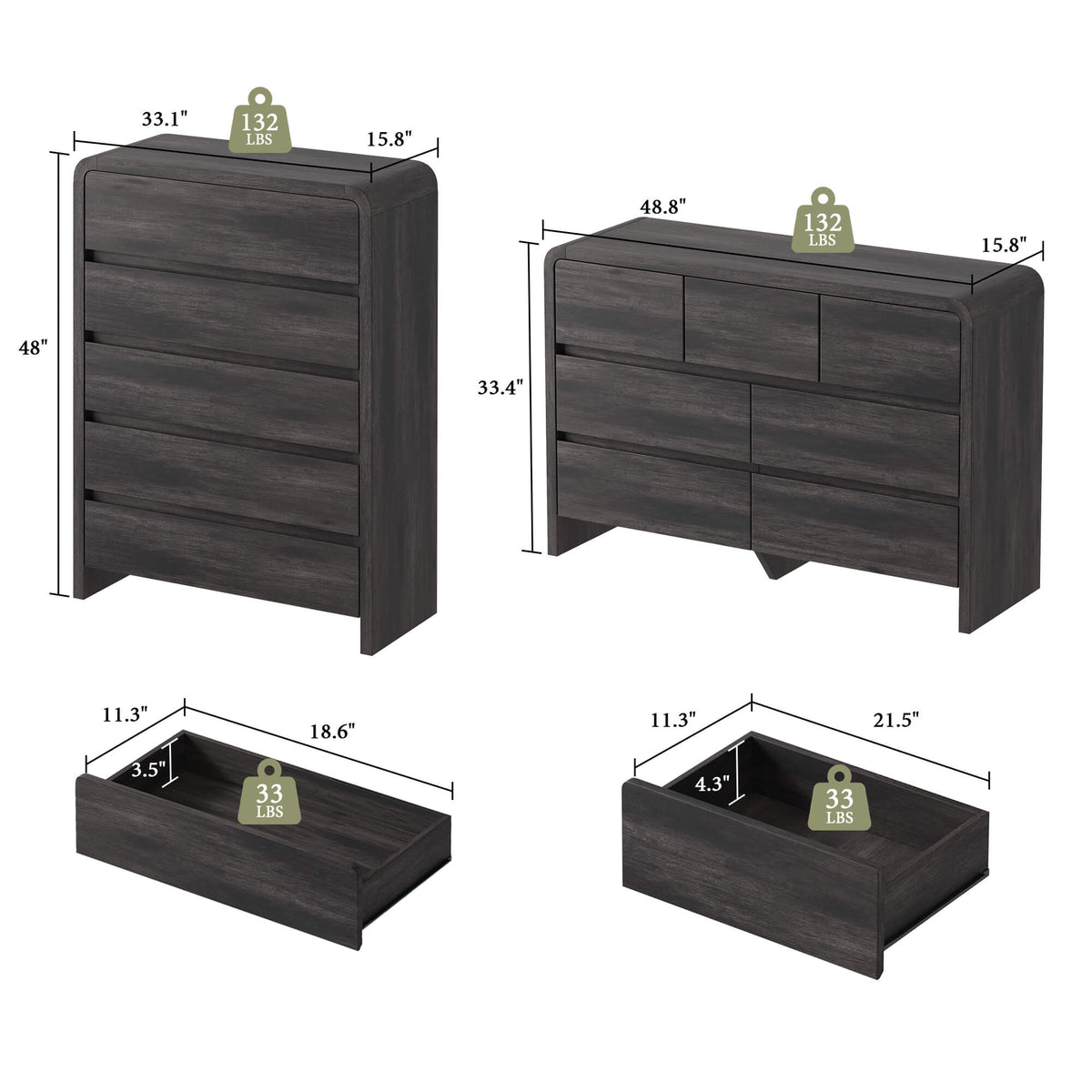 Garyon Modern Bedroom Furniture Set -5+7+2Black