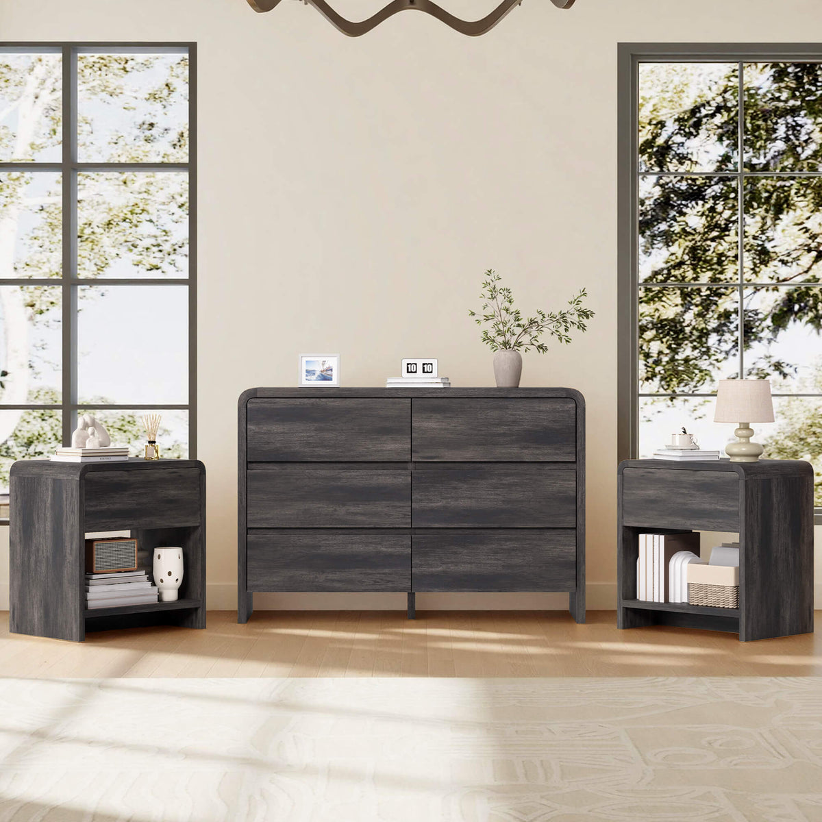 Garyon Modern Bedroom Furniture Set -6+2Black