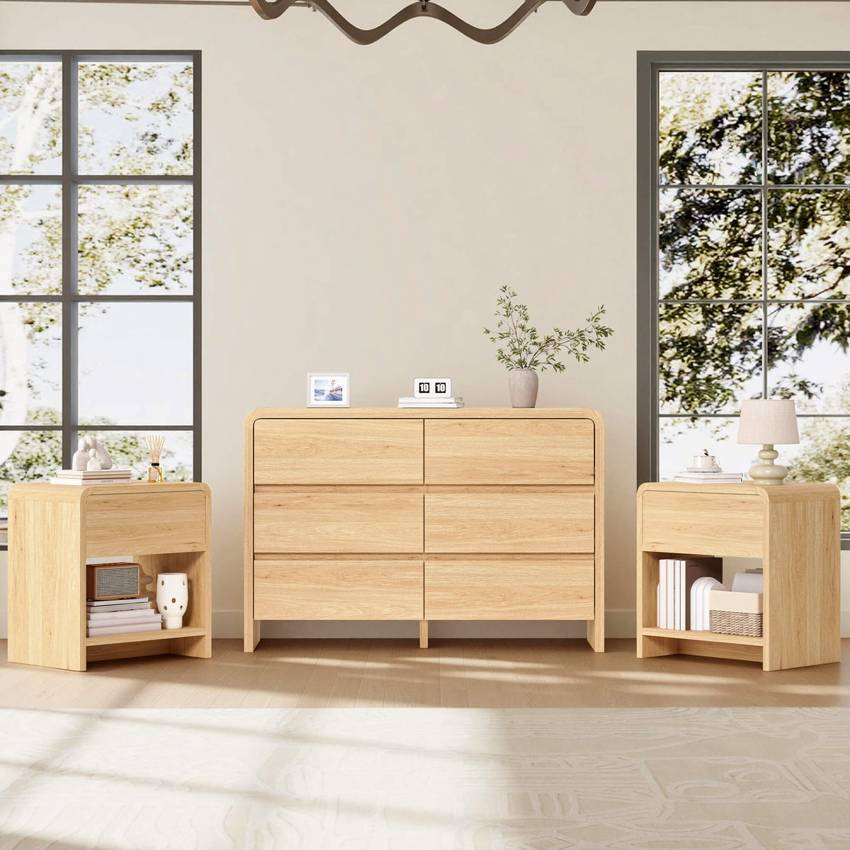 Garyon Modern Bedroom Furniture Set -6+2LightOak