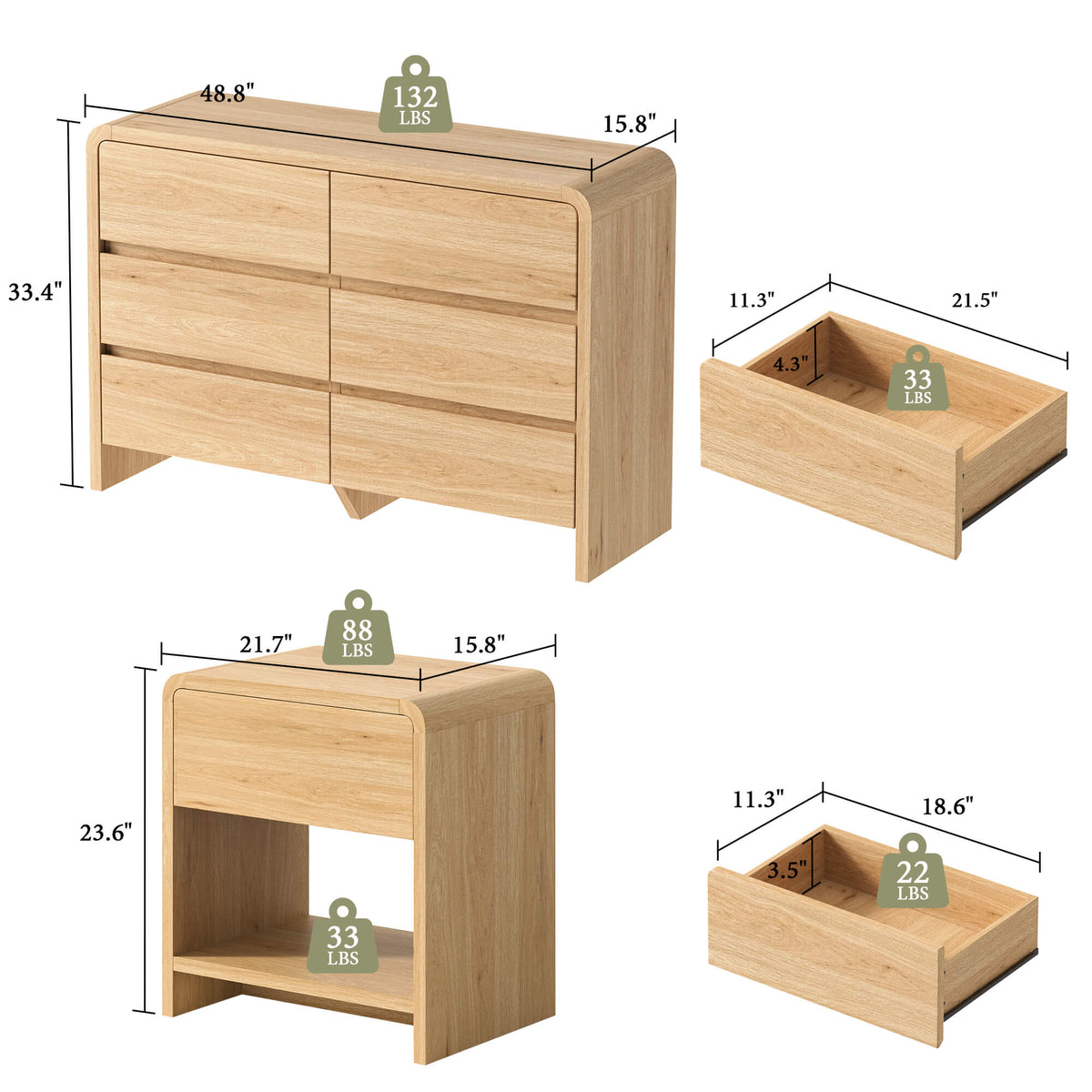 Garyon Modern Bedroom Furniture Set -6+2LightOak