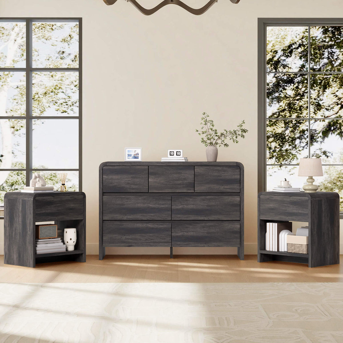Garyon Modern Bedroom Furniture Set -7+2Black