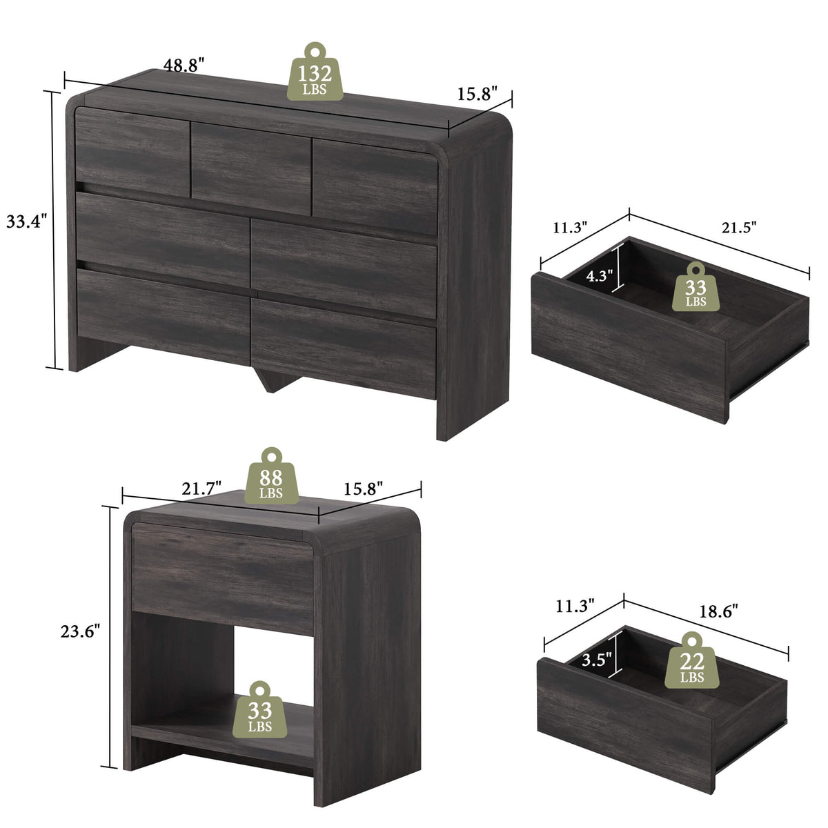 Garyon Modern Bedroom Furniture Set -7+2Black