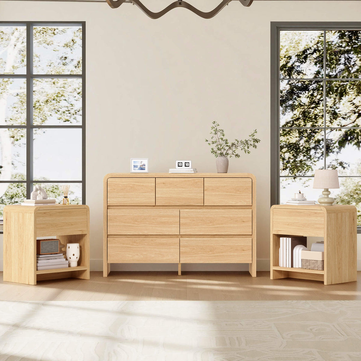 Garyon Modern Bedroom Furniture Set -7+2LightOak