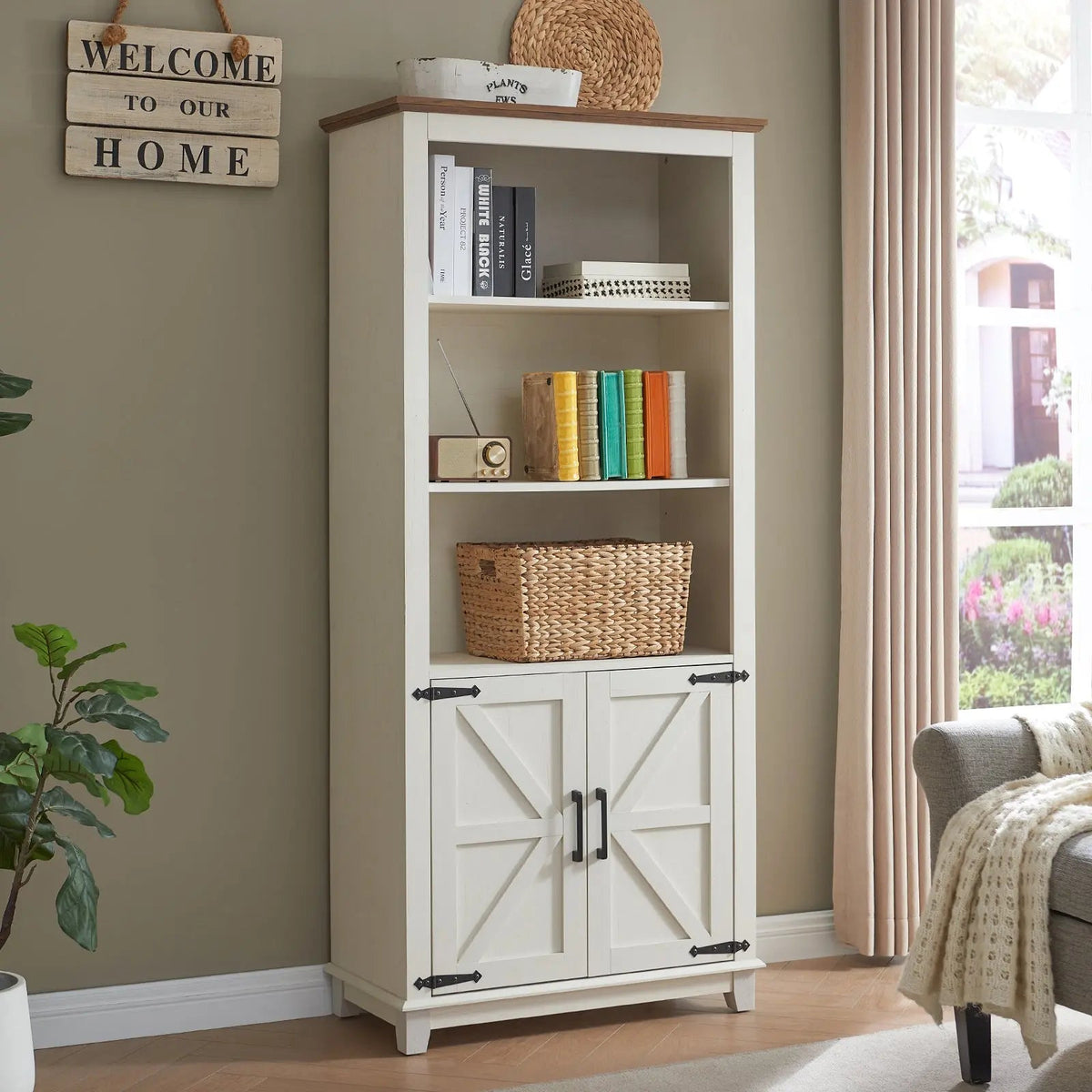 Bret Farmhouse Bookcase Storage Cabinet Rustic White