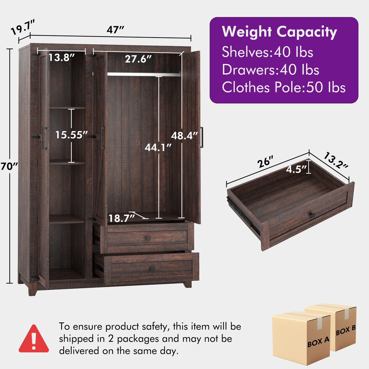 Barn 3 Door Farmhouse Wardrobe Closet-Brown
