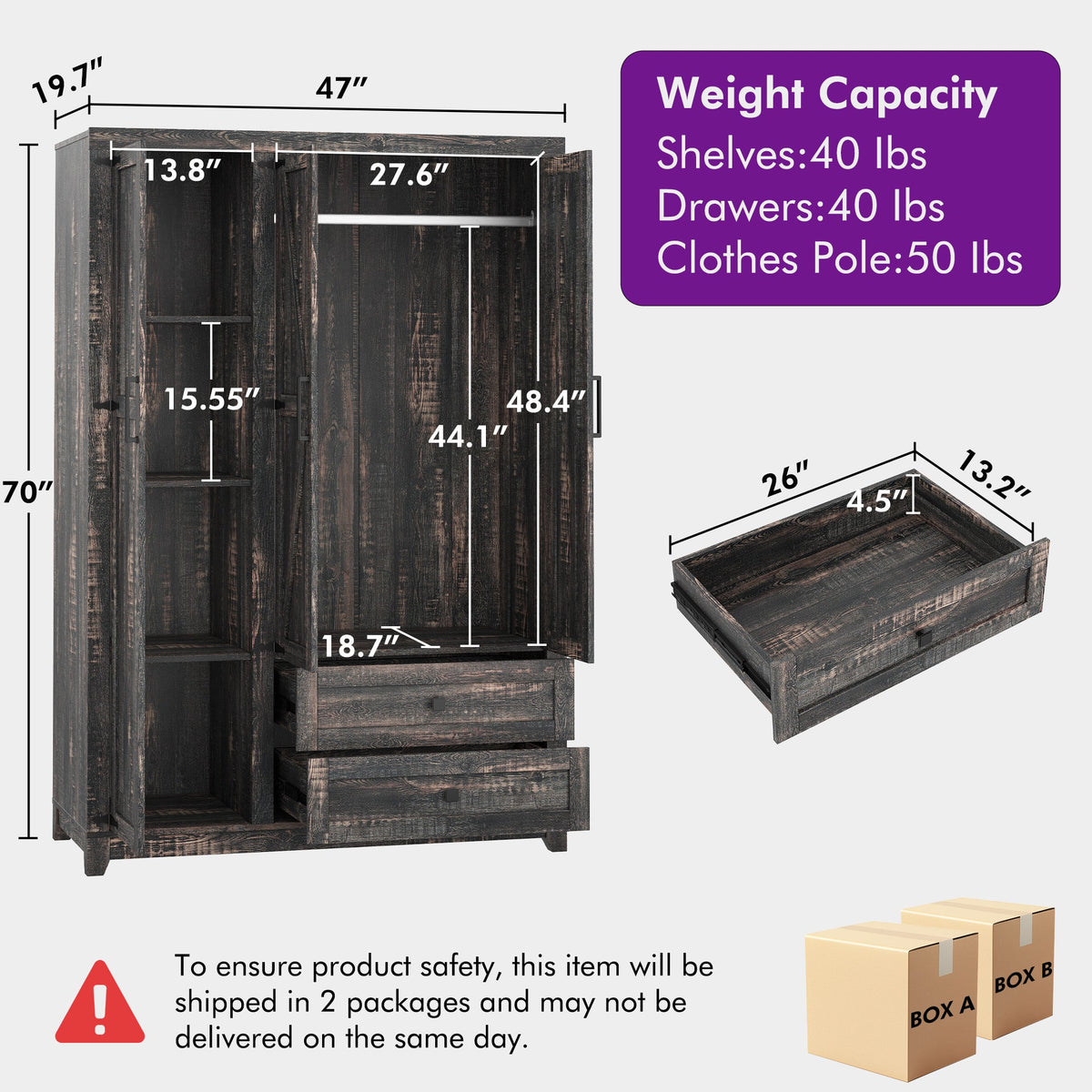 Barn 3 Door Farmhouse Wardrobe Closet-Dark Oak