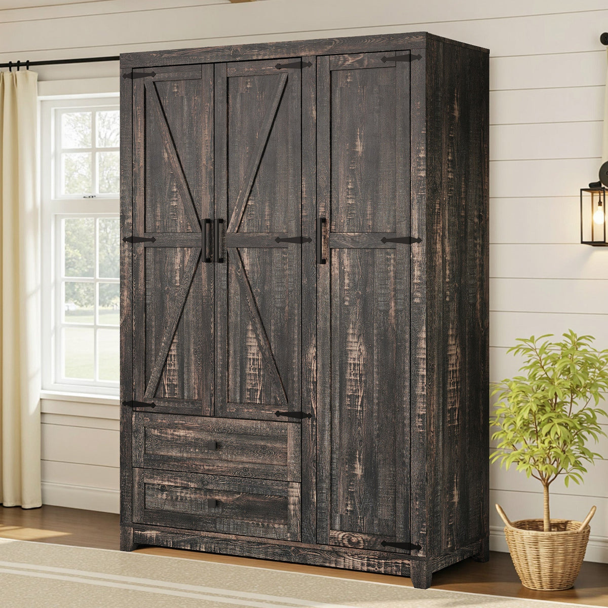 Barn 3 Door Farmhouse Wardrobe Closet-Dark Oak