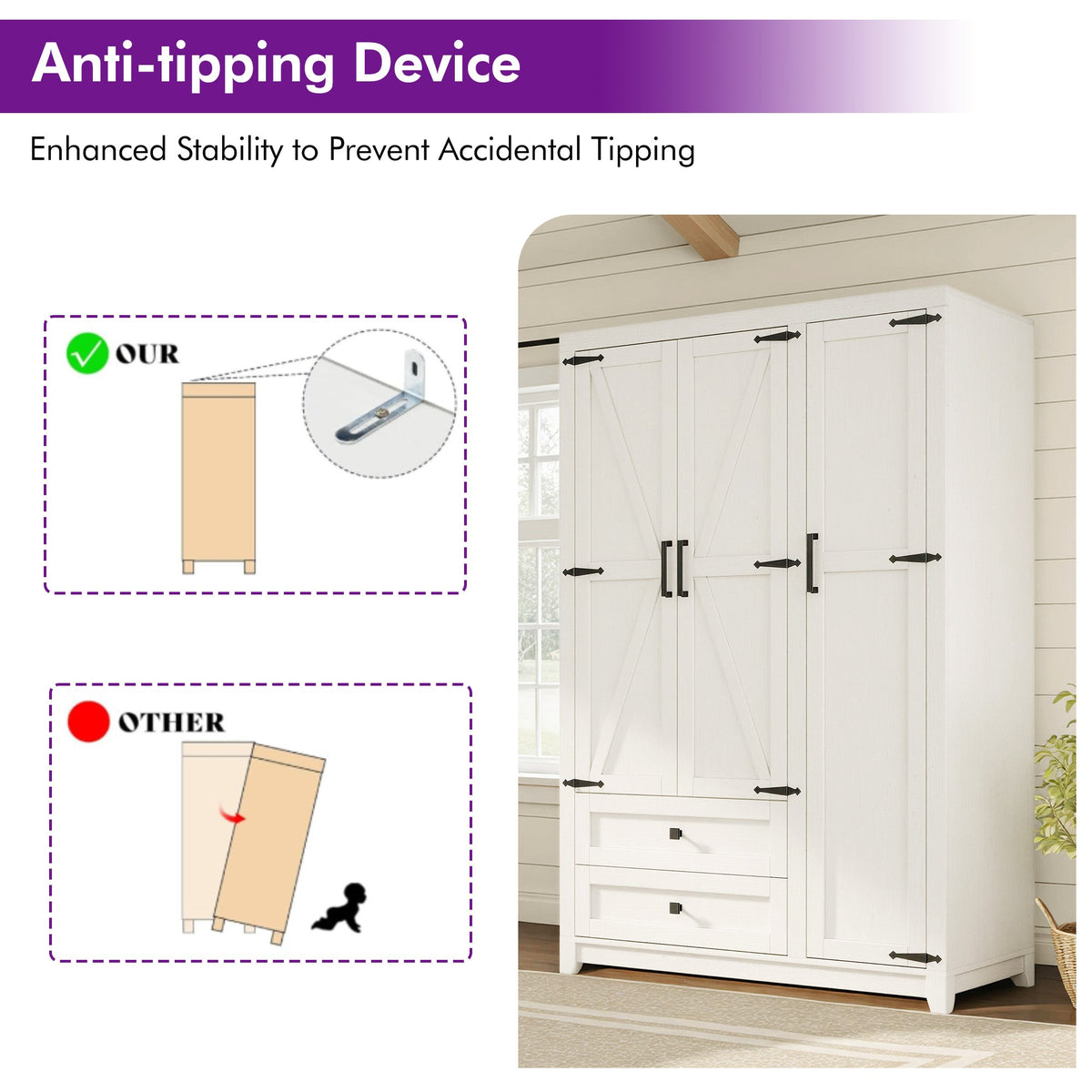 Barn 3 Door Farmhouse Wardrobe Closet-White