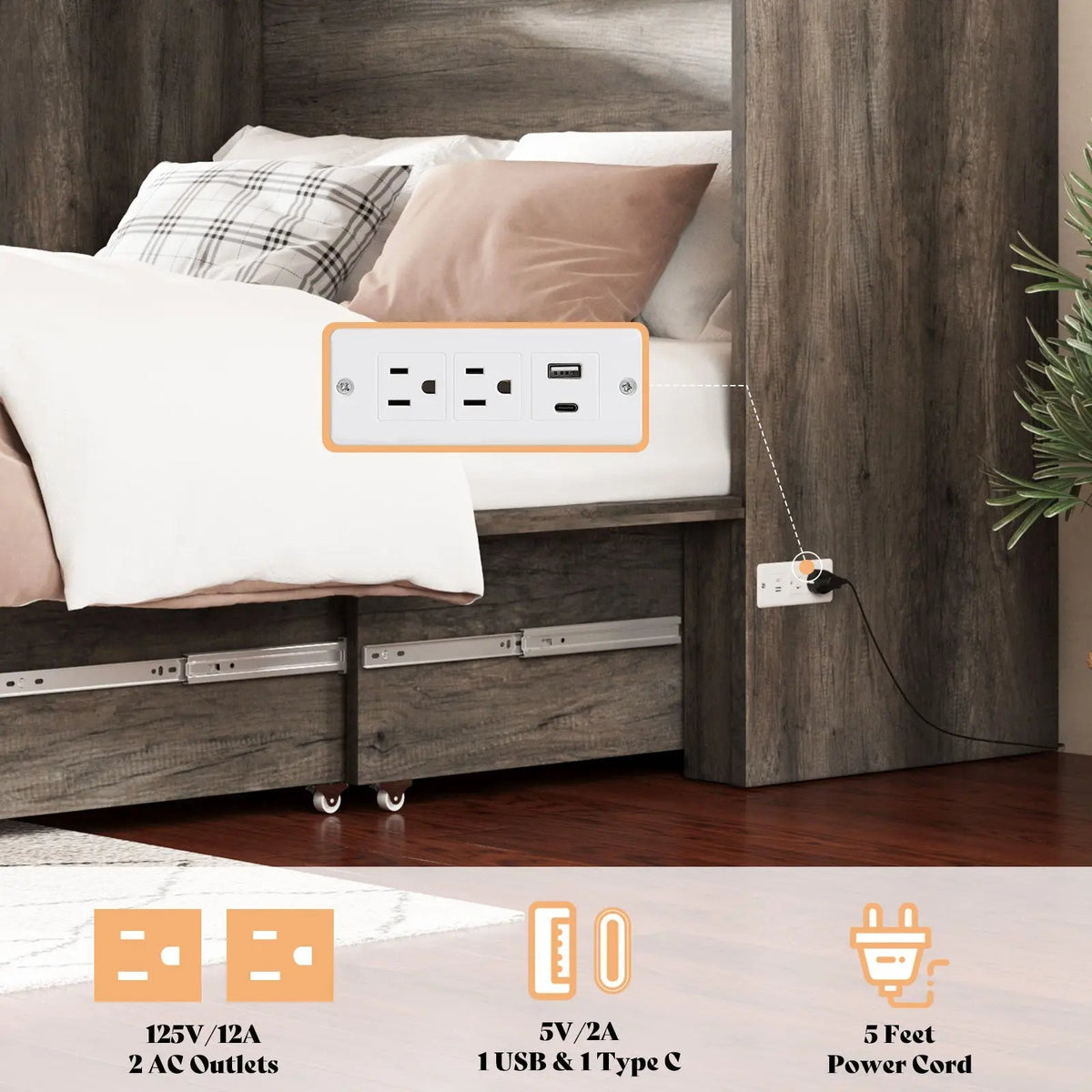Colton Foldable Murphy Bed Amerlife Queen / Rustic Grey