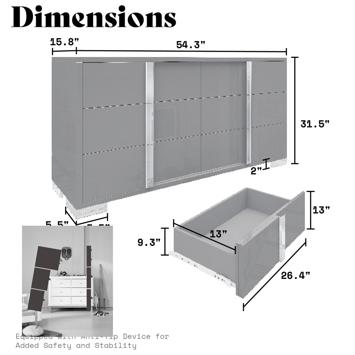 Lena 6-Drawers Dresser - Grey